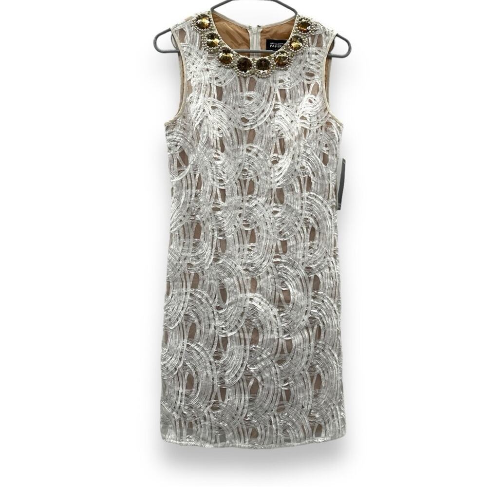 Adrianna Papell Off White Jewel Faux Pearl Swirl Textured Cocktail Dress Sz 6